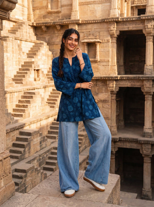 तहज़ीब | Tehzeeb — Indigo Circle Block Print Kurta